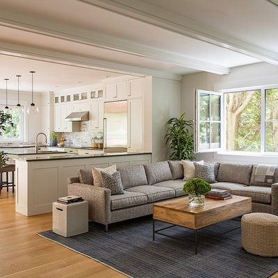 Living room - mid-sized transitional open concept medium tone wood floor and brown floor living room idea in Boston with white walls