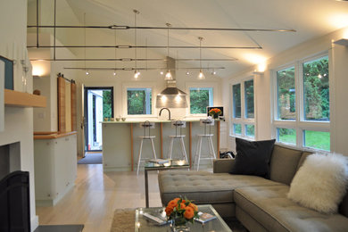 Foto di un soggiorno minimalista di medie dimensioni e aperto con pareti bianche, parquet chiaro, camino classico e cornice del camino in intonaco