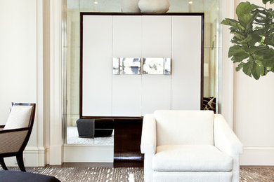 Modelo de salón tradicional renovado con paredes blancas, moqueta y televisor retractable