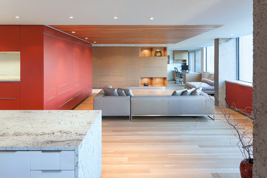 Example of a mid-sized minimalist open concept light wood floor living room design in Vancouver with a concealed tv