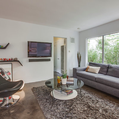 Living room - contemporary formal living room idea in Los Angeles with white walls and a wall-mounted tv