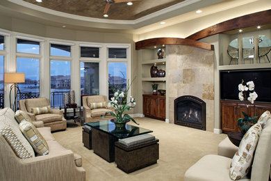 Living room - large transitional formal and enclosed carpeted and beige floor living room idea in Other with beige walls, a standard fireplace, a tile fireplace and a media wall