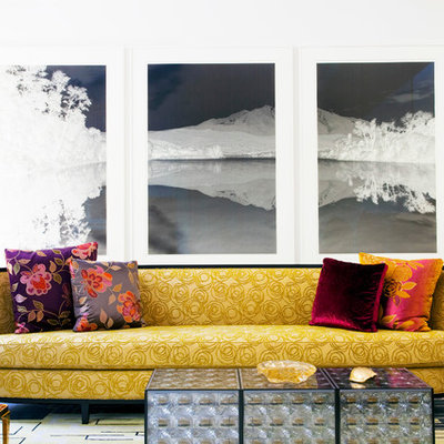 Living room - mid-sized eclectic formal and enclosed carpeted living room idea in New York with white walls, no fireplace and no tv