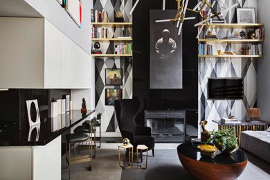 Inspiration for a mid-sized modern loft-style dark wood floor and gray floor living room library remodel in New York with gray walls, a standard fireplace, a metal fireplace and a concealed tv