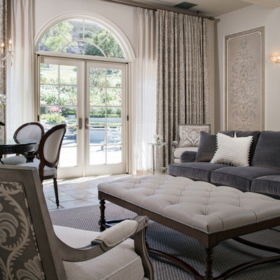 Inspiration for a mid-sized transitional formal and open concept ceramic tile living room remodel in Los Angeles with gray walls, no fireplace and no tv