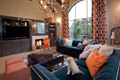 Inspiration for a large transitional enclosed carpeted living room library remodel in San Francisco with a stone fireplace