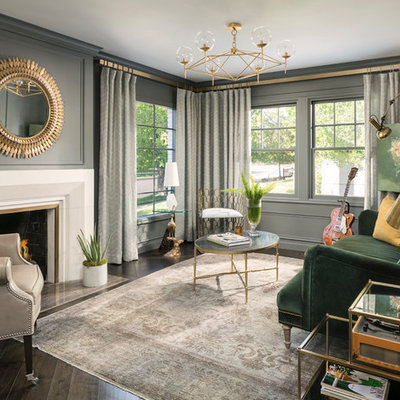 Elegant dark wood floor living room photo in Salt Lake City with a music area, gray walls, a standard fireplace and no tv
