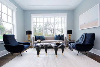 Inspiration for a traditional living room in New York with dark hardwood flooring, brown floors and blue walls.