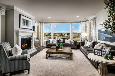 Example of a transitional living room design in Denver