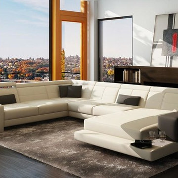 White and Gray Bonded Leather Sectional Sofa with Ottoman
