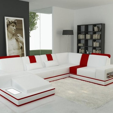 White and Red Bonded Leather Sectional Sofa with Chaise