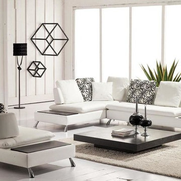 White Bonded Leather Sectional with Chair & Attached End Tables