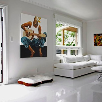 White Corner Custom Armless Sectional w/ High Gloss White Floor | The Sofa Compa