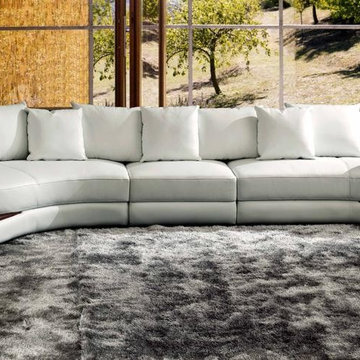 White Leather Contemporary Sectional Sofa with Wooden Trim