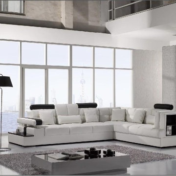White Leather Sectional Sofa with Attached End Table & Built-in Shelf