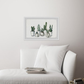 "White Potted Cacti" Framed Painting Print