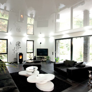 White Stretch Ceiling Black and White Living Room