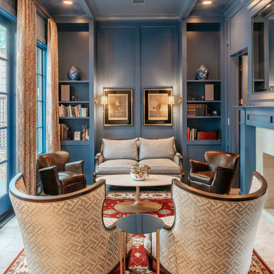 Inspiration for a large transitional enclosed gray floor living room remodel in Houston with blue walls