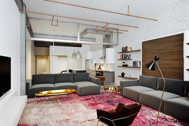 Пример оригинального дизайна: открытая гостиная комната среднего размера в современном стиле с разноцветными стенами, ковровым покрытием, телевизором на стене и коричневым полом без камина