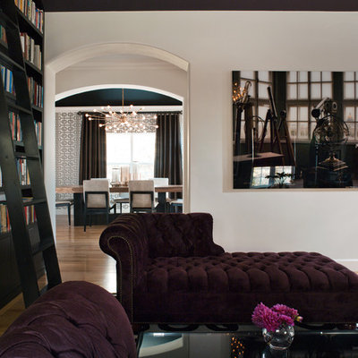 Inspiration for a mid-sized contemporary enclosed light wood floor and beige floor living room library remodel in San Francisco with white walls