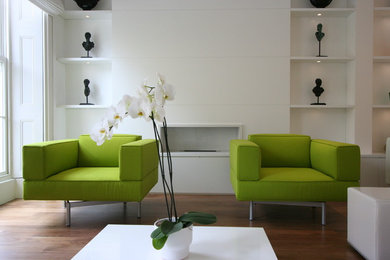 Mittelgroßes, Offenes Modernes Wohnzimmer mit weißer Wandfarbe, braunem Holzboden, Gaskamin und Kaminumrandung aus Stein in London