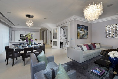 Inspiration for a contemporary open plan living room in London with grey walls and porcelain flooring.