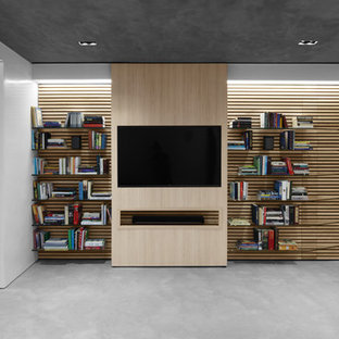 Inspiration for a small contemporary open plan living room in London with white walls, concrete flooring, grey floors, a ribbon fireplace, a wooden fireplace surround and a wall mounted tv.