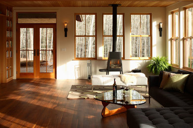 Example of a transitional living room design in Portland Maine with white walls and a wood stove
