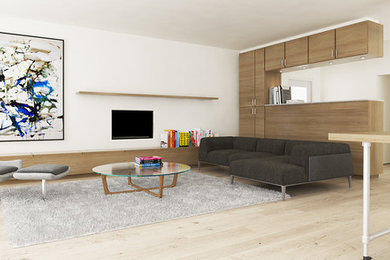 Foto de salón abierto minimalista de tamaño medio sin televisor con paredes blancas y suelo de madera clara