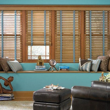 WOOD BLINDS with CLOTH TAPE - Lafayette Heartland Wood Blinds - Living Room Desi