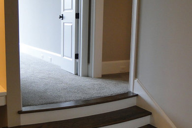 Wood steps and floors with carpeting in hallways and family room