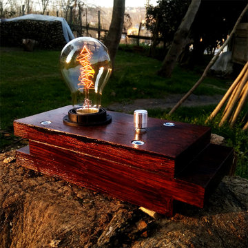 Wooden Handmade Desk Lamp With Rustic Bulb