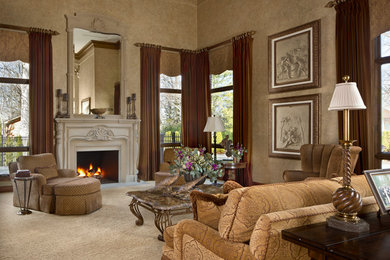 Example of a mid-sized classic formal and enclosed carpeted and beige floor living room design in Detroit with beige walls, a standard fireplace, a wood fireplace surround and no tv