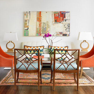 Inspiration for a transitional dark wood floor living room remodel in Atlanta with white walls and no tv