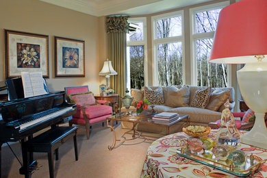 Example of a classic enclosed carpeted living room design in Detroit with a music area