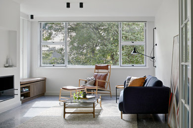 Idéer för ett modernt vardagsrum, med vita väggar, en standard öppen spis och grått golv