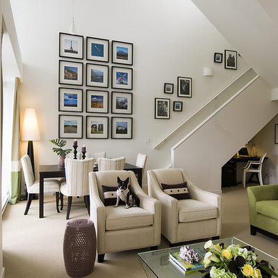 Living room - contemporary open concept living room idea in Vancouver with white walls