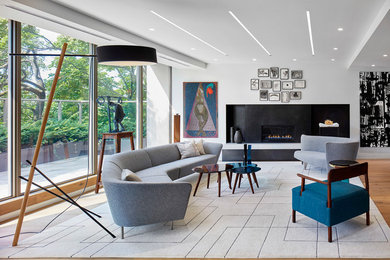 Eclectic formal and open concept light wood floor living room photo in Toronto with white walls and a ribbon fireplace