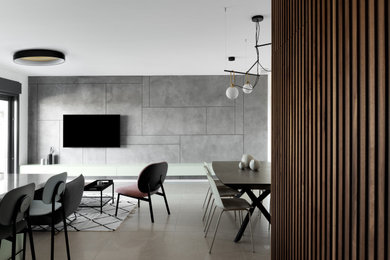 Foto de salón nórdico con paredes grises