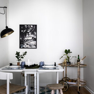 Exempel på en liten skandinavisk separat matplats, med vita väggar, mellanmörkt trägolv och brunt golv