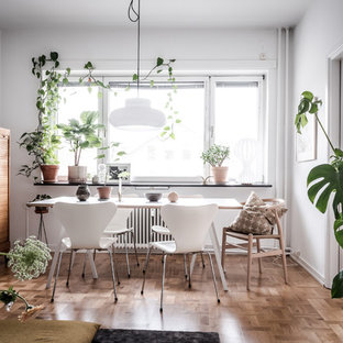 Inspiration för retro matplatser med öppen planlösning, med vita väggar, mellanmörkt trägolv och brunt golv