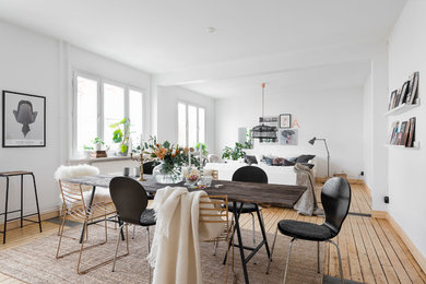 Inspiration for a medium sized scandi dining room in Gothenburg with white walls and light hardwood flooring.