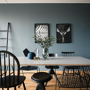 Exempel på ett modernt kök med matplats, med blå väggar, mellanmörkt trägolv och brunt golv
