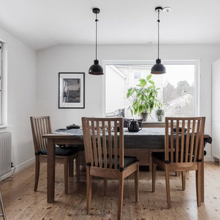Idéer för att renovera en mellanstor minimalistisk matplats, med vita väggar, mellanmörkt trägolv och brunt golv