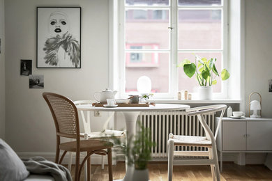 Imagen de comedor nórdico con paredes blancas y suelo de madera en tonos medios