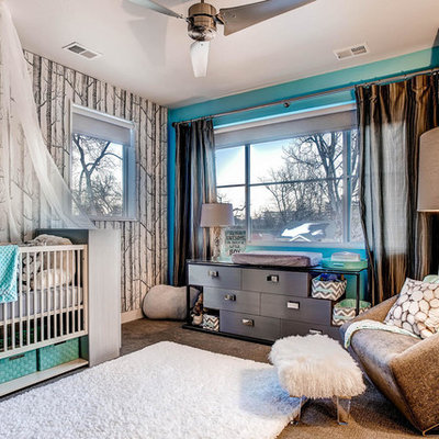 Large transitional girl carpeted nursery photo in Other with blue walls