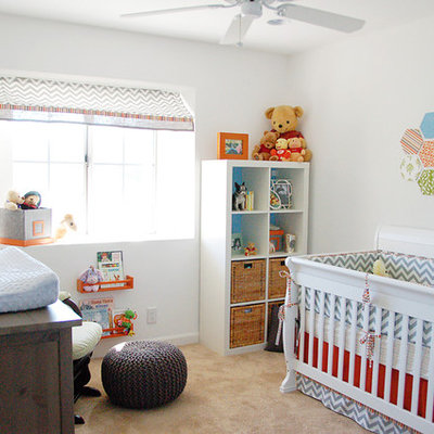 Nursery - transitional gender-neutral carpeted nursery idea in San Francisco with white walls