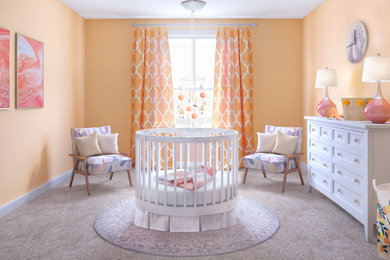 Inspiration for a small transitional girl carpeted and beige floor nursery remodel in Los Angeles with orange walls