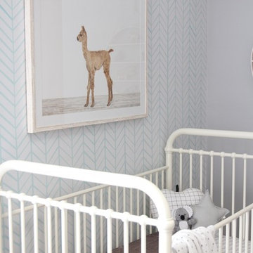 Blue and White Nursery featuring Blue Herringbone Wallpaper