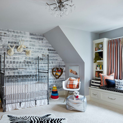 Transitional gender-neutral carpeted and gray floor nursery photo in Minneapolis with gray walls